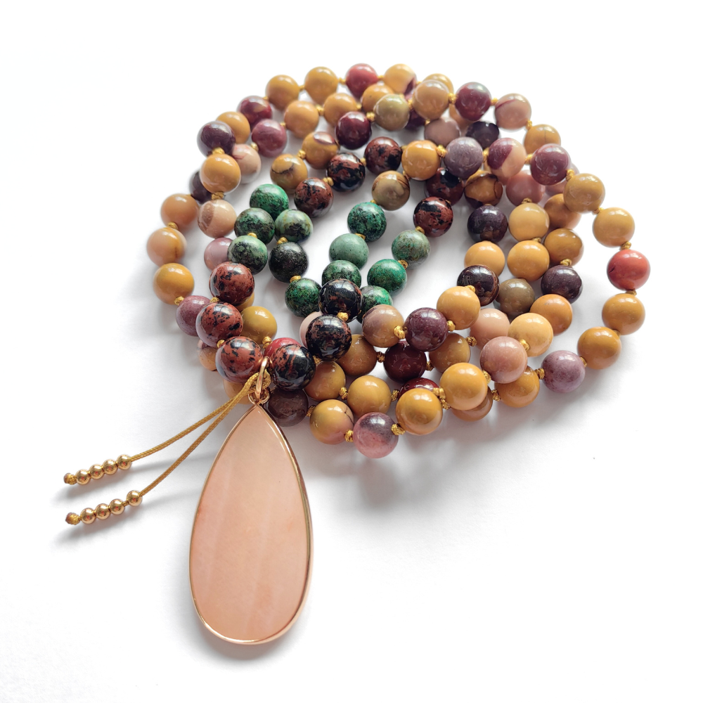 Mookaite and African Turquoise Mala Necklace with Pink Aventurine Pendant - Balance and Growth