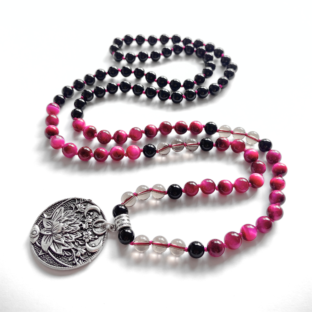 Pink Tiger Eye, Smoky Quartz, and Black Onyx Mala Necklace - Grounding and Protection