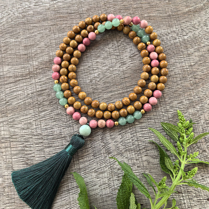 Olive Wood, Rhodonite and Amazonite Mala Bead Necklace - Emotional Balance and Calming Energy