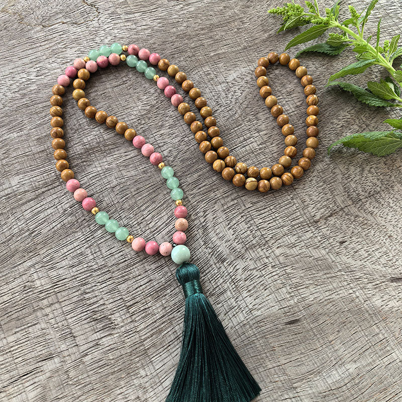 Olive Wood, Rhodonite and Amazonite Mala Bead Necklace - Emotional Balance and Calming Energy