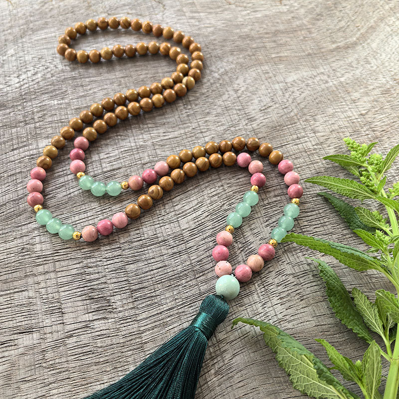 Olive Wood, Rhodonite and Amazonite Mala Bead Necklace - Emotional Balance and Calming Energy