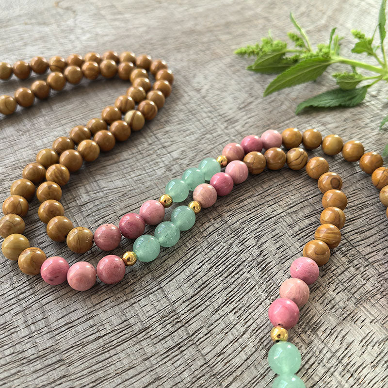 Olive Wood, Rhodonite and Amazonite Mala Bead Necklace - Emotional Balance and Calming Energy
