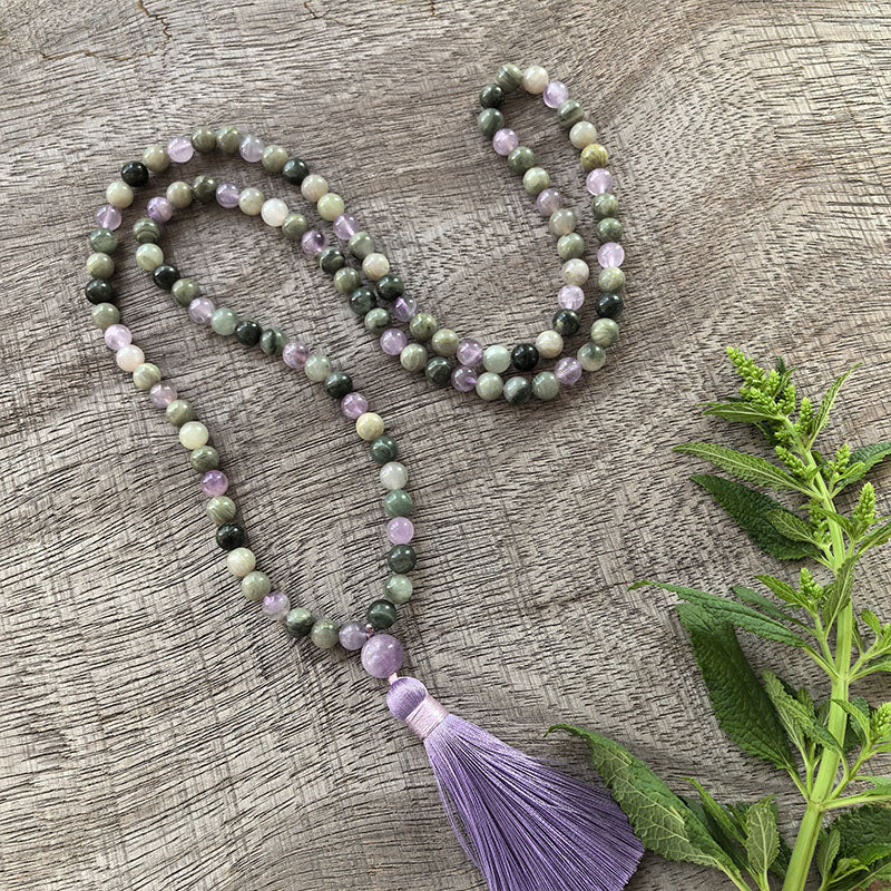 Lepidolite, Labradorite and Grey Agate Mala Necklace - Emotional balance & Inner strength