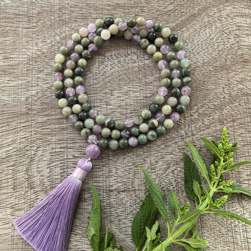 Lepidolite, Labradorite and Grey Agate Mala Necklace - Emotional balance & Inner strength