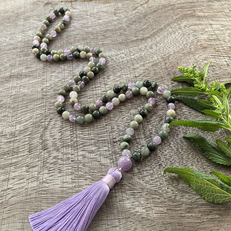 Lepidolite, Labradorite and Grey Agate Mala Necklace - Emotional balance & Inner strength