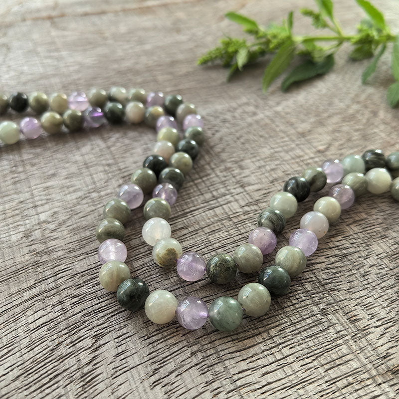Lepidolite, Labradorite and Grey Agate Mala Necklace - Emotional balance & Inner strength