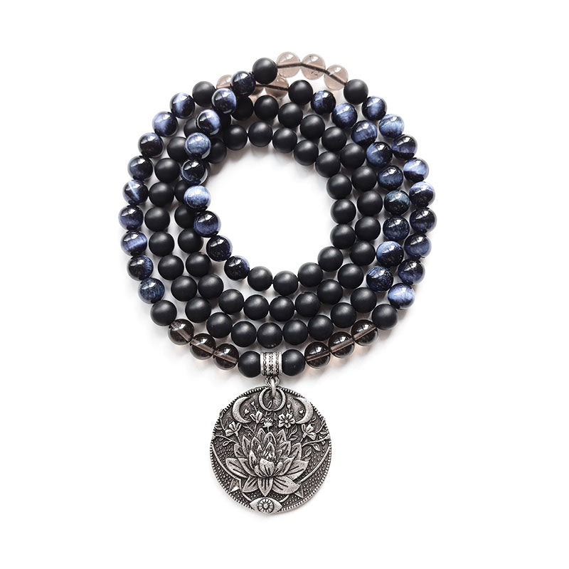 Blue Tiger’s Eye and Black Onyx Mala Bead Necklace - Focus and Protection