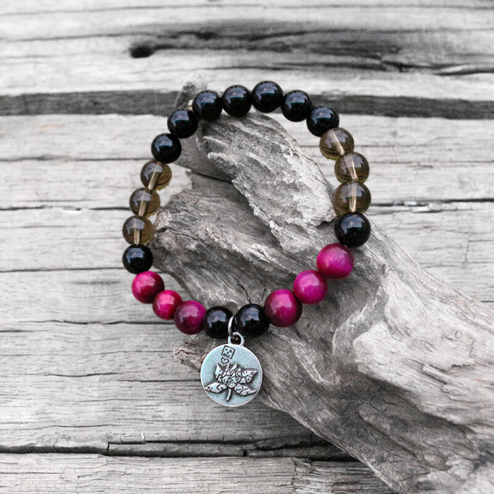 Pink Tiger Eye, Smoky Quartz, and Black Onyx Mala Bracelet - Grounding and Protection