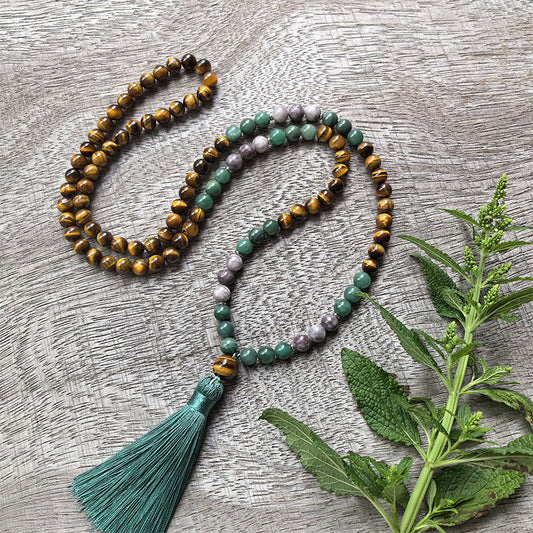 Tiger’s Eye and Green Jade Mala Bead Necklace - Strength and Harmony
