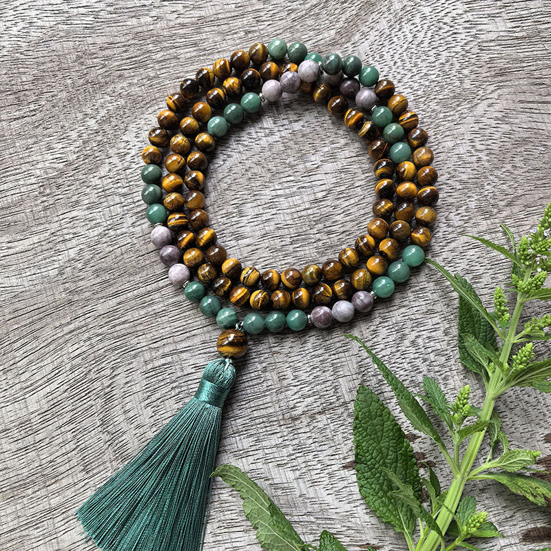 Tiger’s Eye and Green Jade Mala Bead Necklace – Strength and Harmony