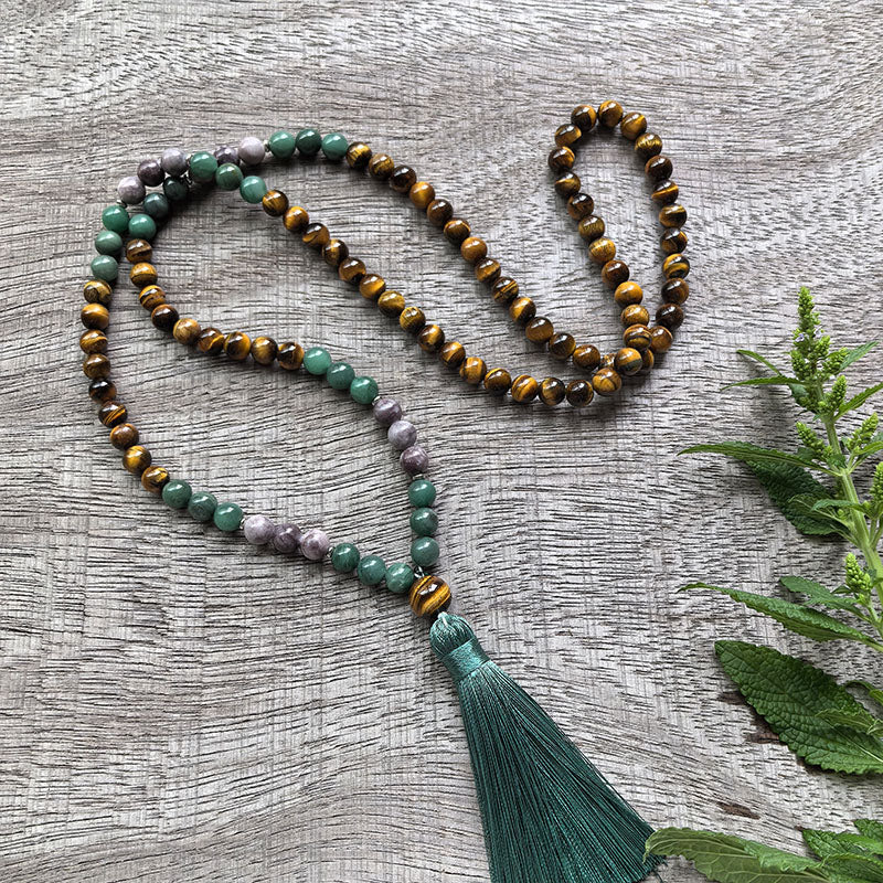 Tiger’s Eye and Green Jade Mala Bead Necklace – Strength and Harmony