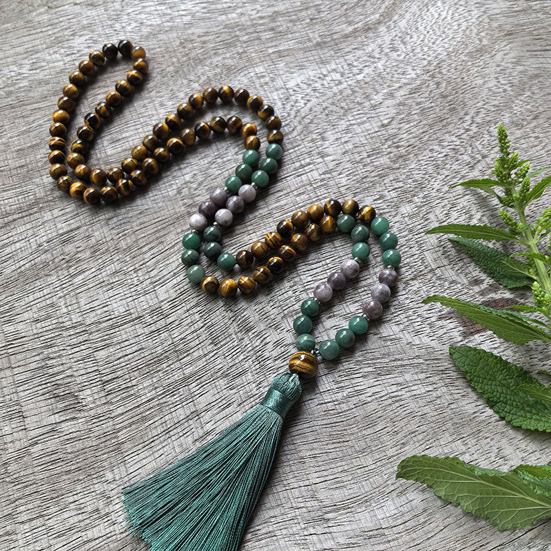 Tiger’s Eye and Green Jade Mala Bead Necklace – Strength and Harmony