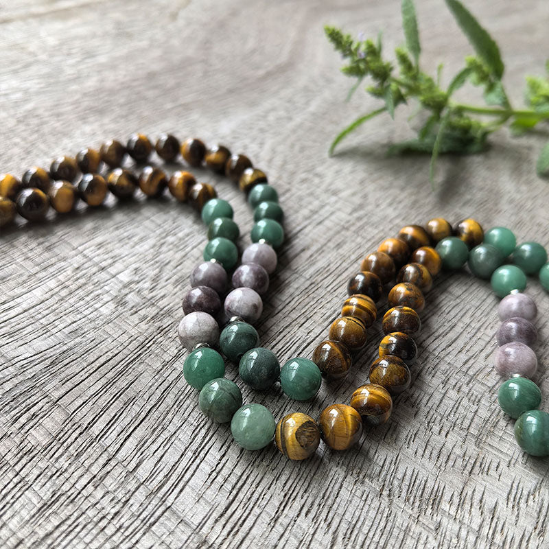 Tiger’s Eye and Green Jade Mala Bead Necklace – Strength and Harmony