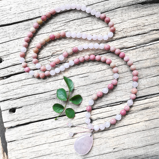 Rose Quartz and Rhodonite Mala Necklace with Rose Quartz Pendant - Love and Compassion