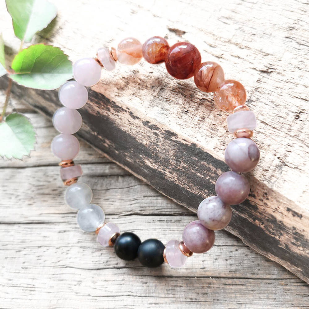 Rose Quartz, Black Onyx, Fire Quartz Mala Bracelet - Harmony and Protection