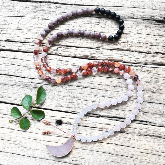 Rose Quartz, Black Onyx, Fire Quartz Mala Necklace with Rose Quartz Moon Pendant - Harmony and Protection