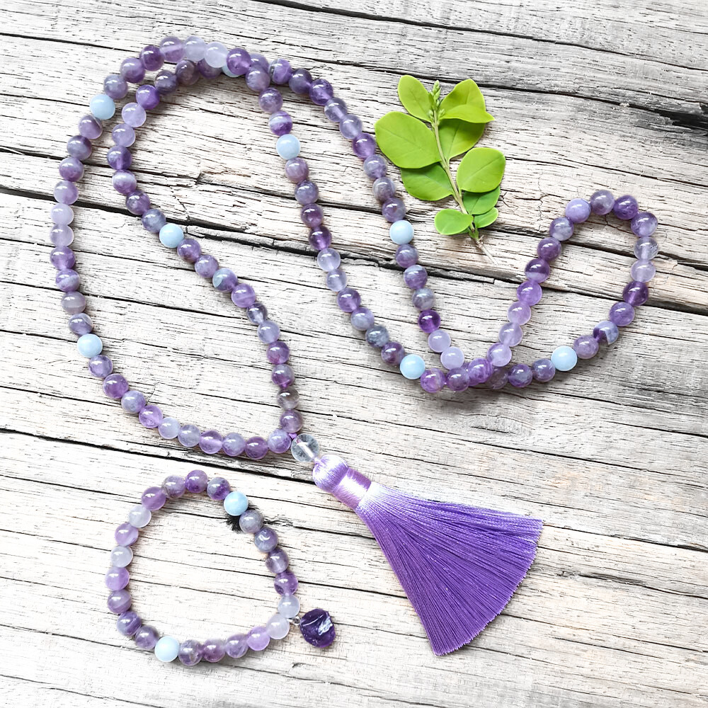 Amethyst Mala Bead Necklace - Calmness and Chakra Balance