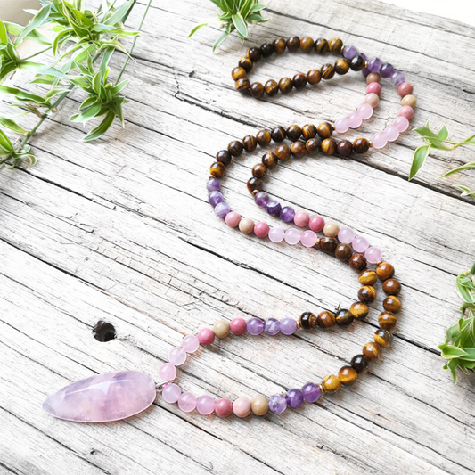 Tiger Eye, Amethyst, Rose Quartz and Rhodonite Mala with Rose Quartz Pendant - Courage and Compassion