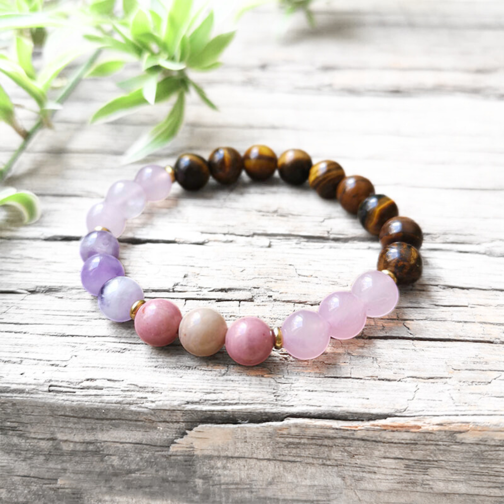Tiger Eye, Amethyst, Rose Quartz, and Rhodonite Mala Bracelet - Courage and Compassion