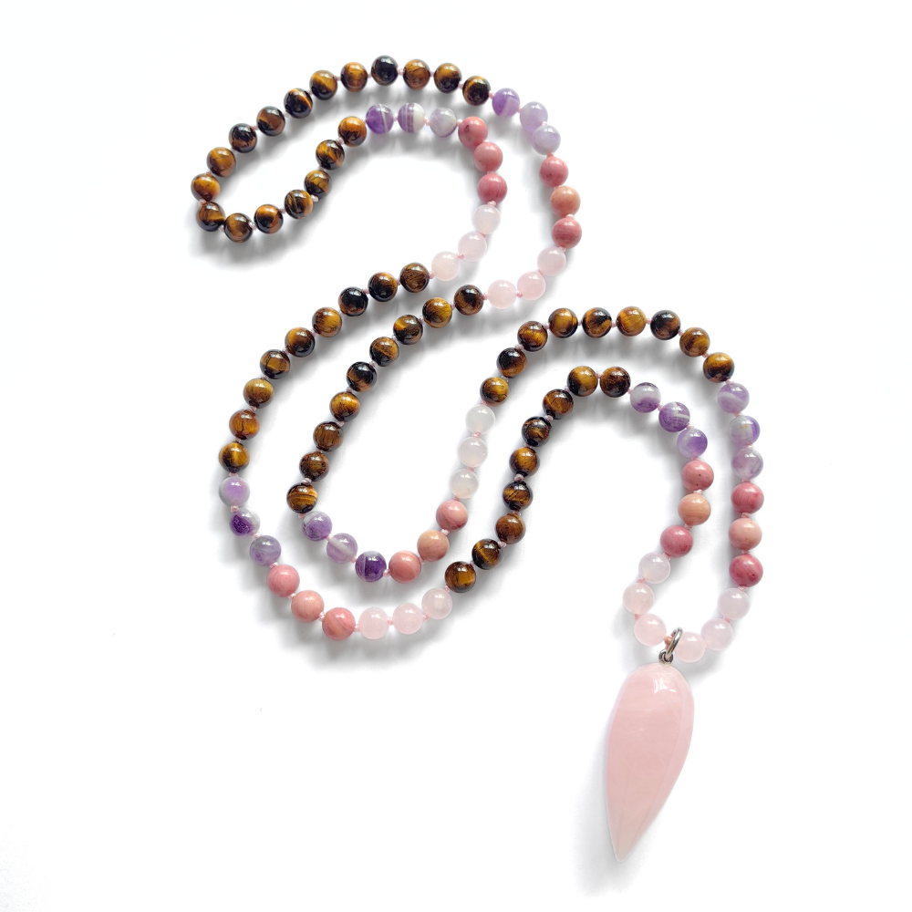 Tiger Eye, Amethyst, Rose Quartz and Rhodonite Mala with Rose Quartz Pendant - Courage and Compassion