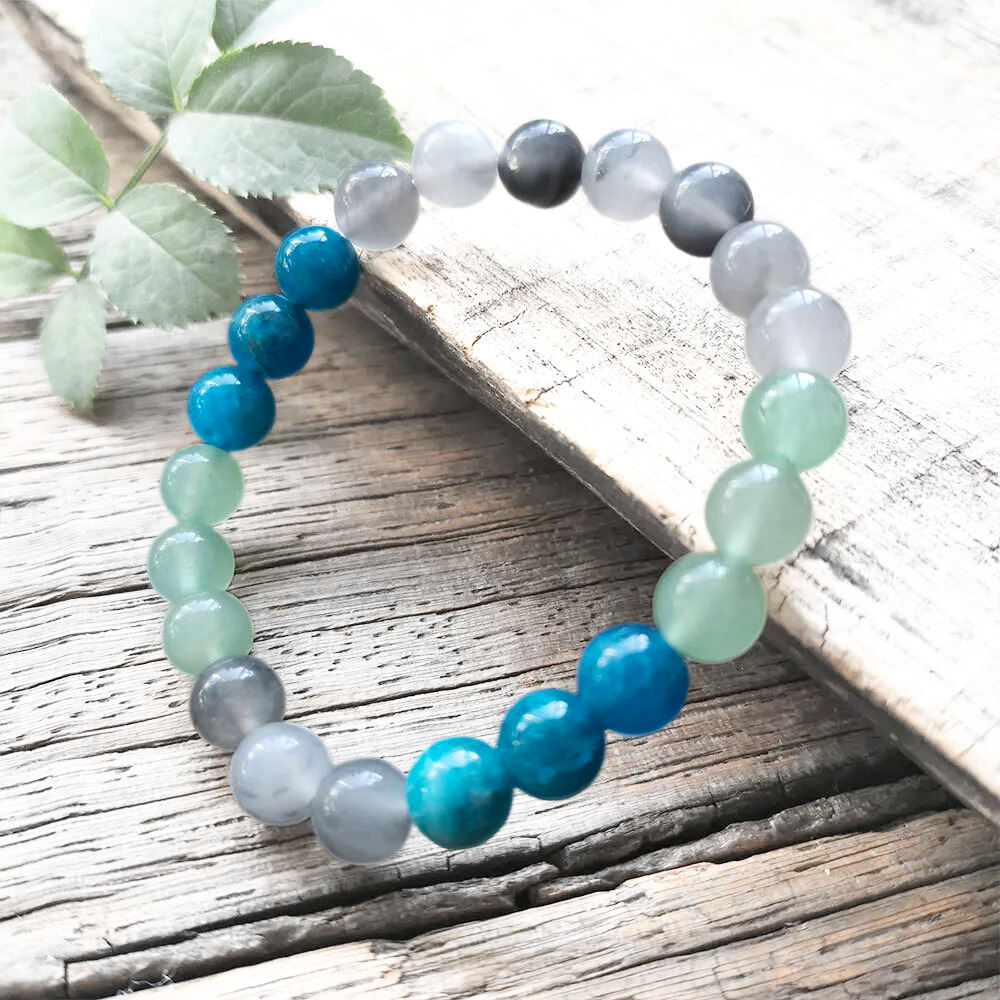 Apatite, Green Aventurine and Gray Onyx Mala Bead Necklace - Clarity & Prosperity