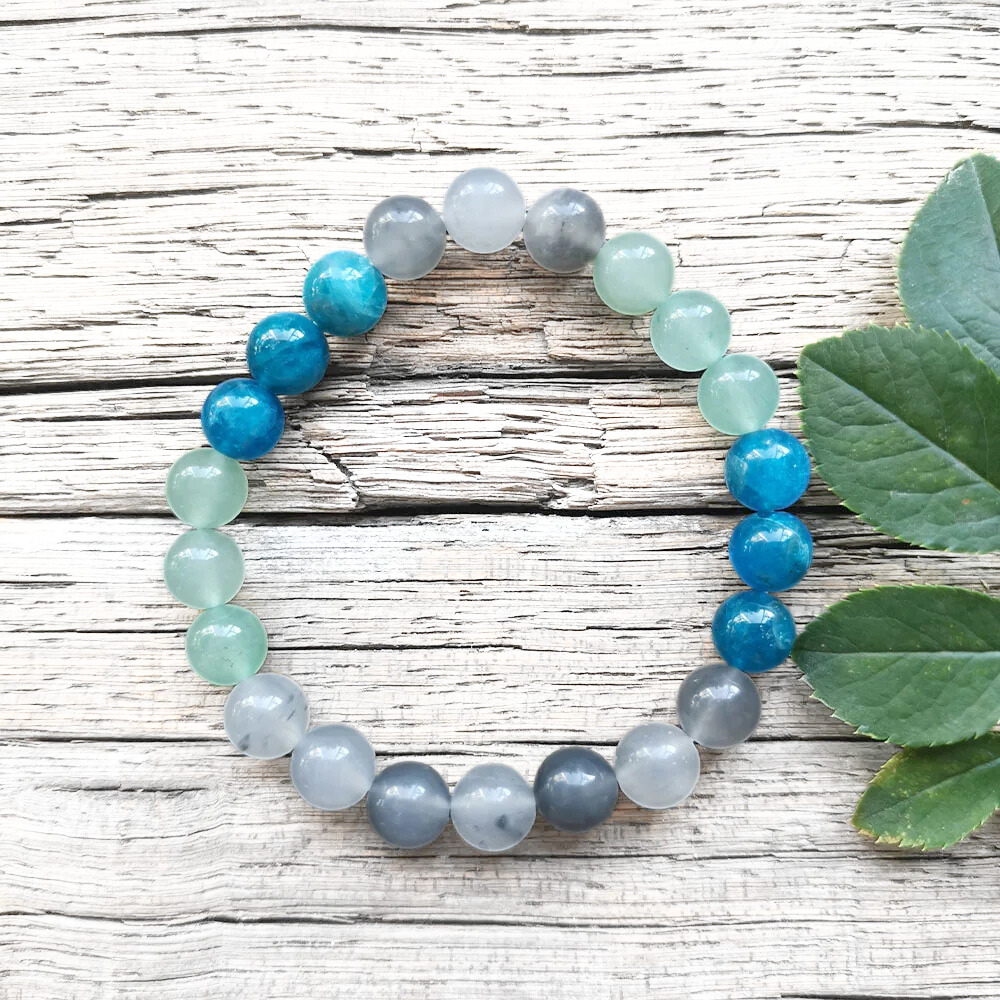 Apatite, Green Aventurine and Gray Onyx Mala Bead Necklace - Clarity & Prosperity