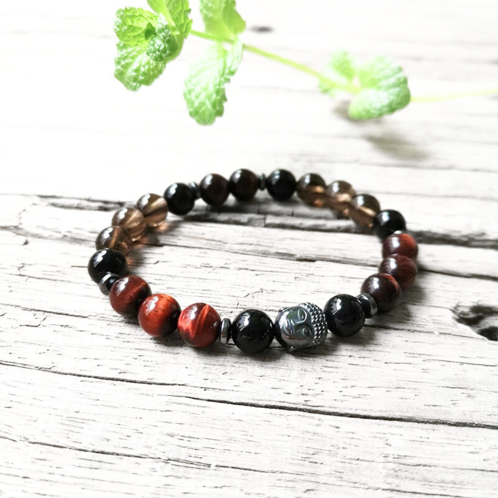 Red Tiger Eye, Black Onyx and Smoky Quartz Bracelet - Protection & Strength