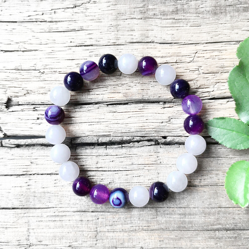 Purple Stripe Onyx, Rose Quartz and Amethyst Mala Necklace - Love & Strength