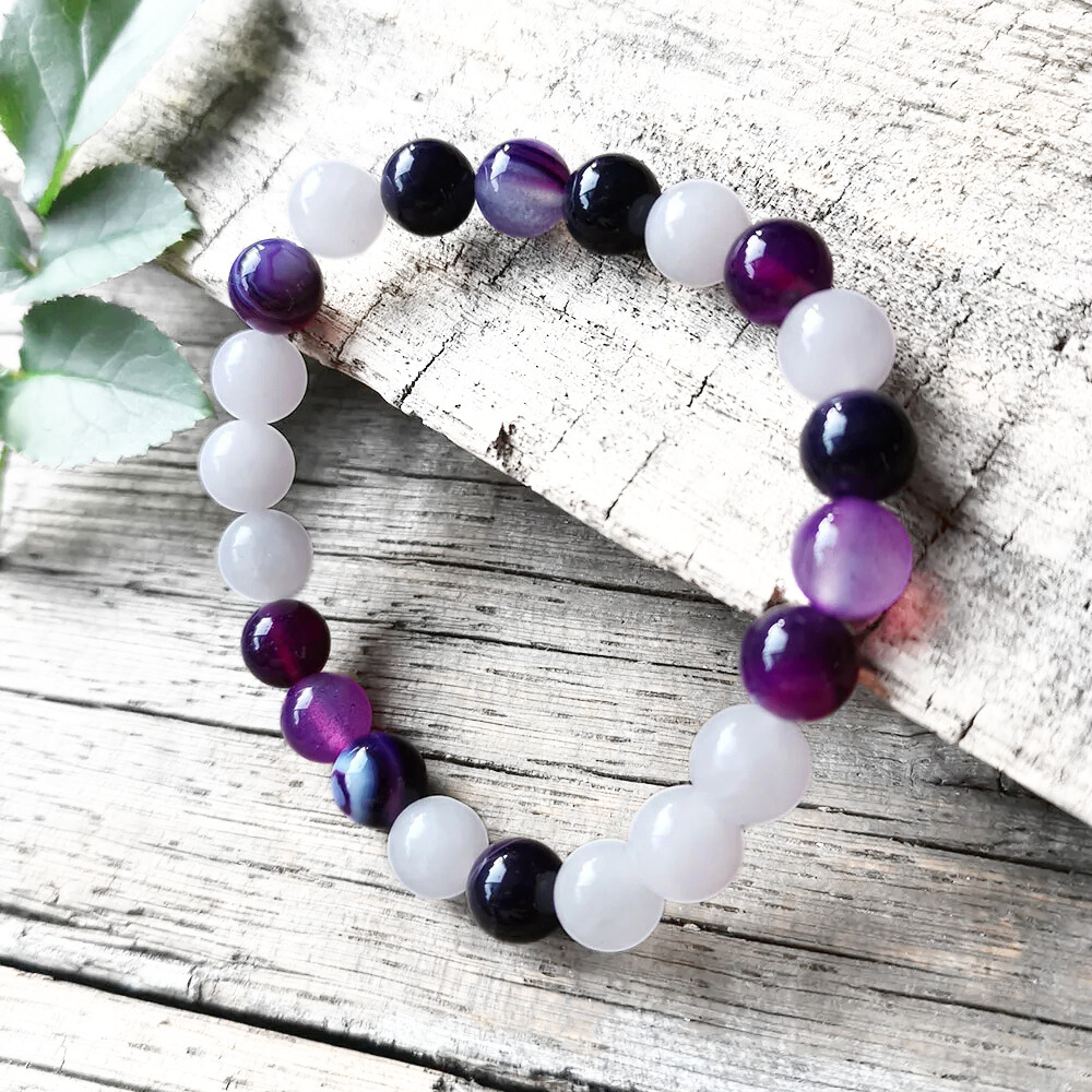 Purple Stripe Onyx, Rose Quartz and Amethyst Mala Necklace - Love & Strength