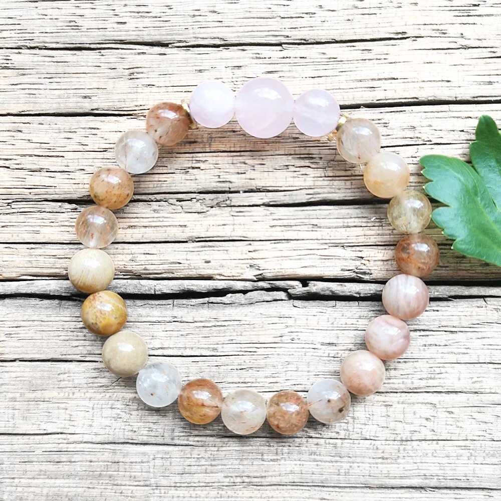 Sunstone, Coral Jade, Rutilated Quartz and Rose Quartz Mala Necklace - Love & Vitality