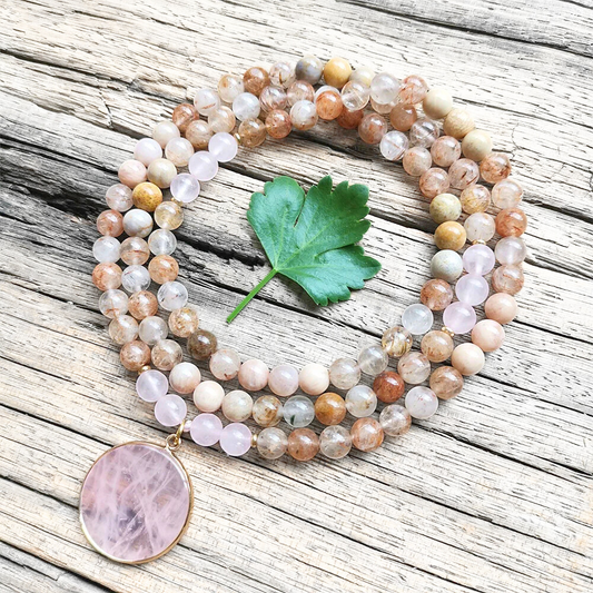 Sunstone, Coral Jade, Rutilated Quartz and Rose Quartz Mala Necklace - Love & Vitality