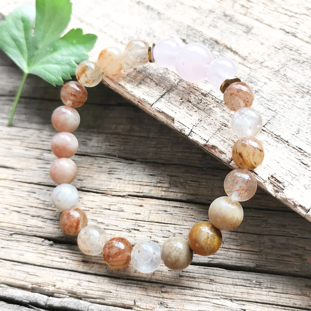 Sunstone, Coral Jade, Rutilated Quartz and Rose Quartz Mala Necklace - Love & Vitality