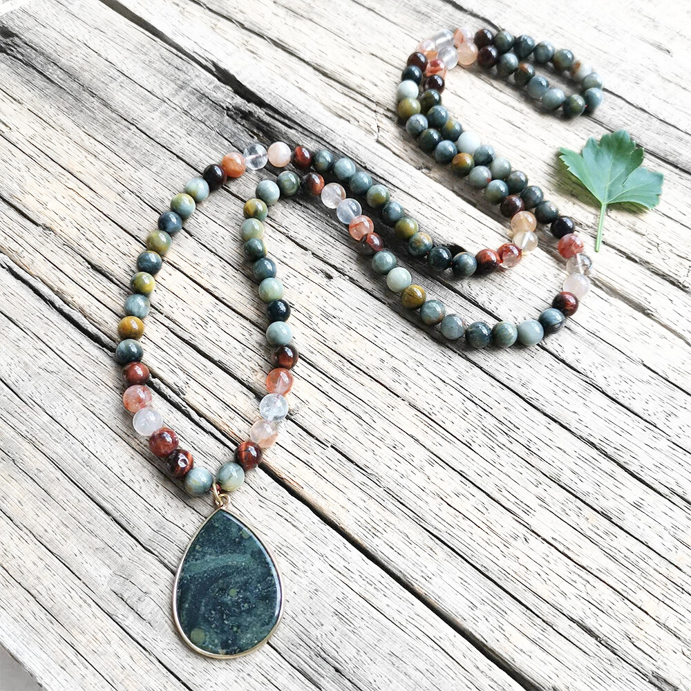 Red Tiger Eye, Fire Quartz, and Green Eagle Eye Mala Bead Necklace – Grounding & Vitality