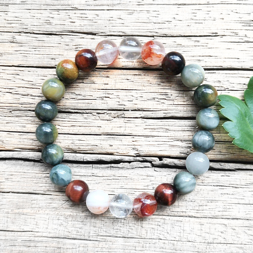 Red Tiger Eye, Fire Quartz, and Green Eagle Eye Mala Bead Necklace - Grounding & Vitality