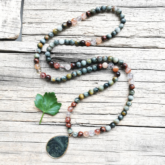 Red Tiger Eye, Fire Quartz, and Green Eagle Eye Mala Bead Necklace - Grounding & Vitality
