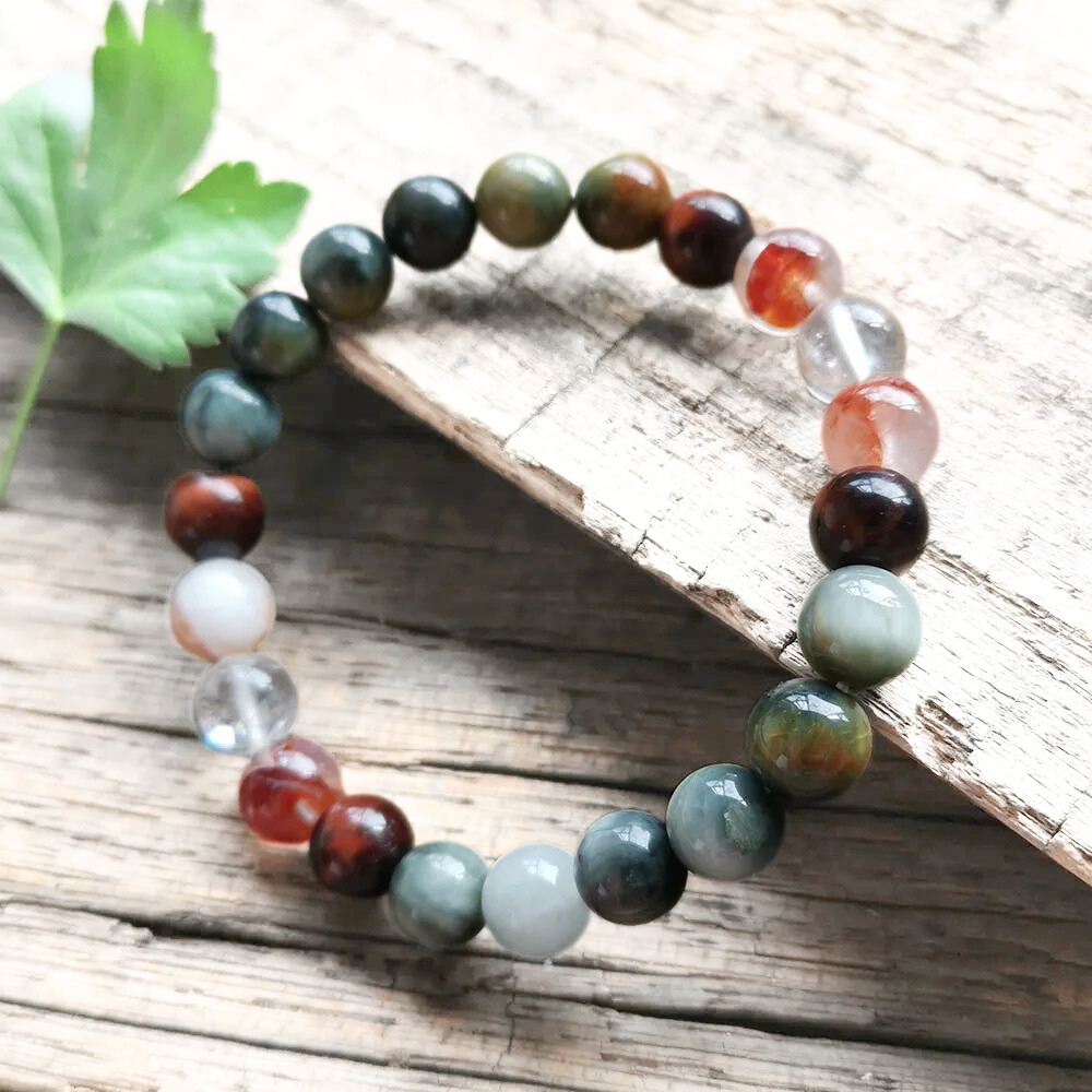 Red Tiger Eye, Fire Quartz, and Green Eagle Eye Mala Bead Necklace - Grounding & Vitality