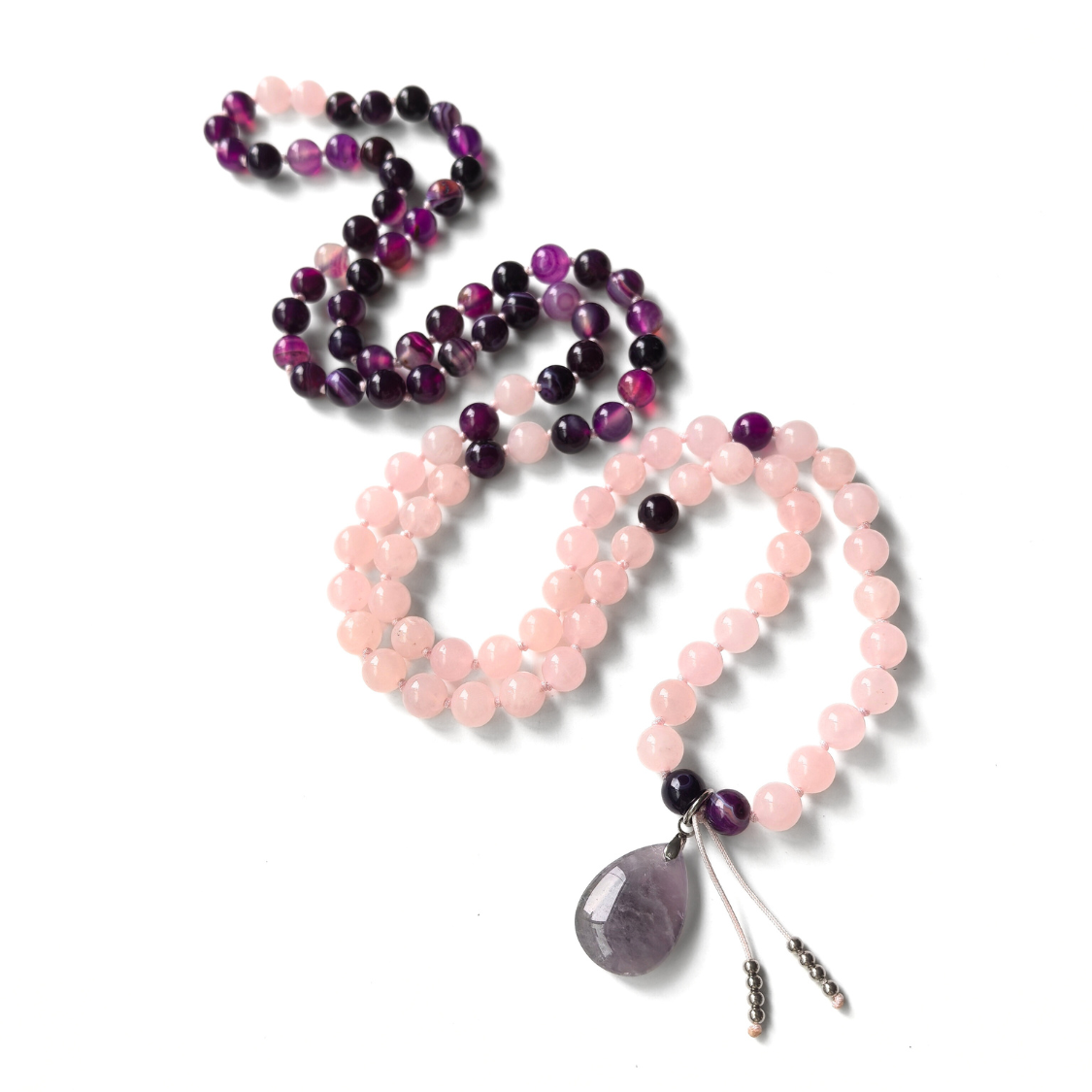 Purple Stripe Onyx, Rose Quartz and Amethyst Mala Necklace - Love & Strength