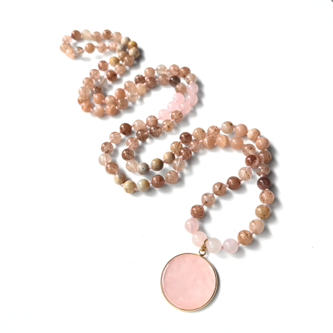 Sunstone, Coral Jade, Rutilated Quartz and Rose Quartz Mala Necklace – Love & Vitality