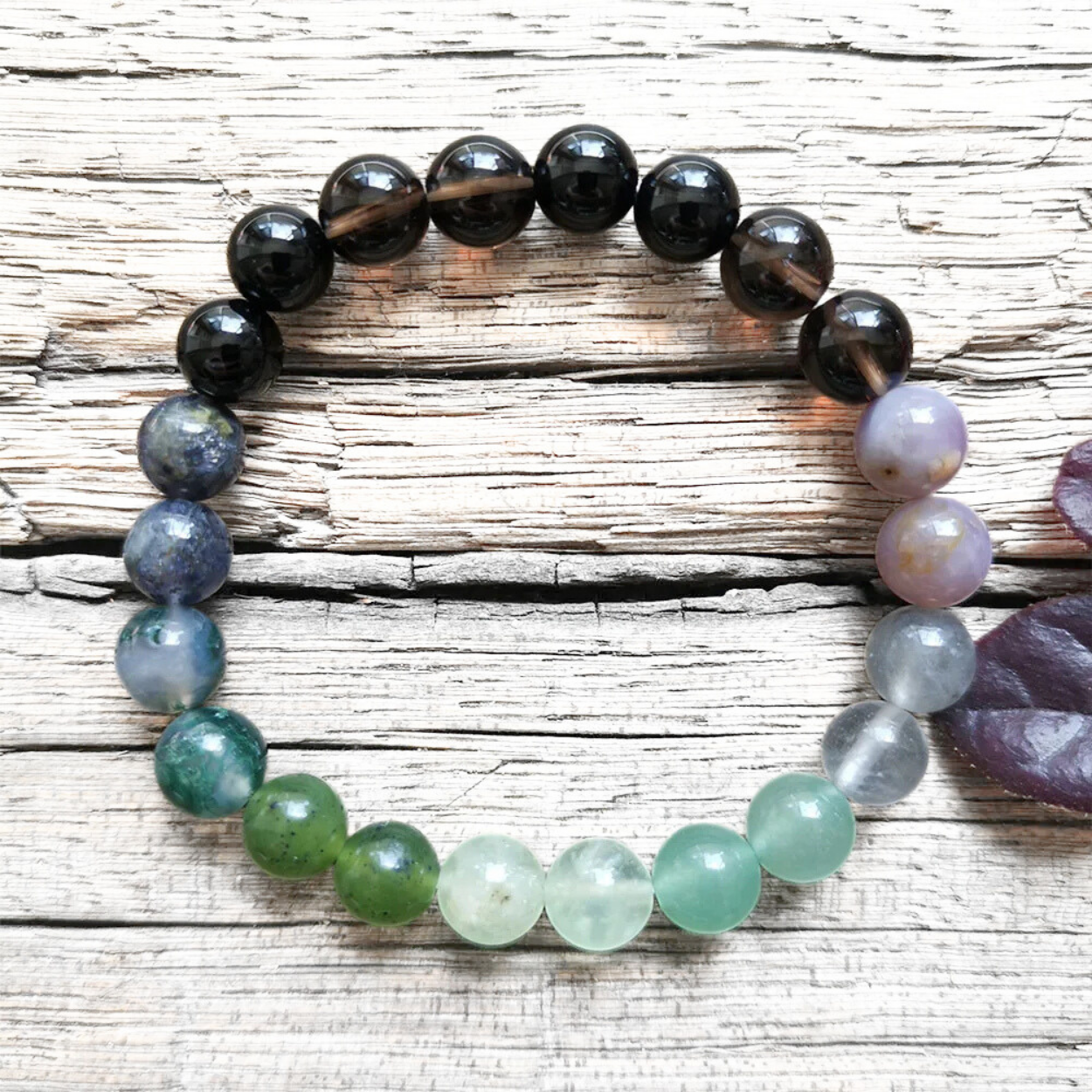 Black Onyx, Green Aventurine, Smokey Quartz, Prehnite, Lolite Jade Mala Bead Bracelet- Emotional Balance & Inner Strength