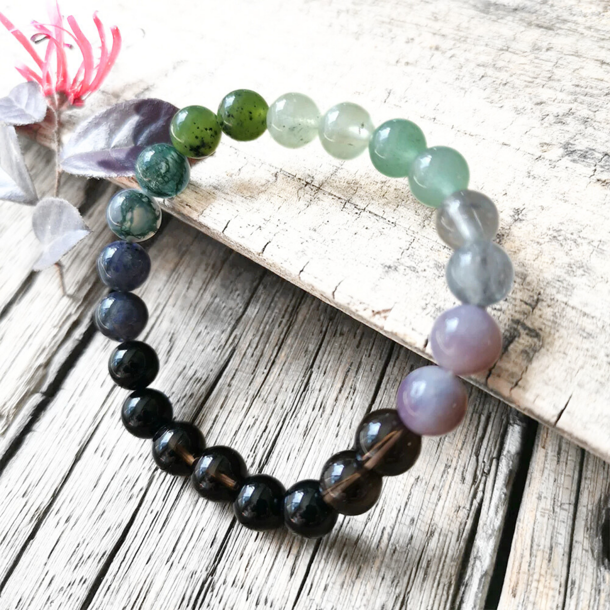 Black Onyx, Green Aventurine, Smokey Quartz, Prehnite, Lolite Jade Mala Bead Bracelet- Emotional Balance & Inner Strength
