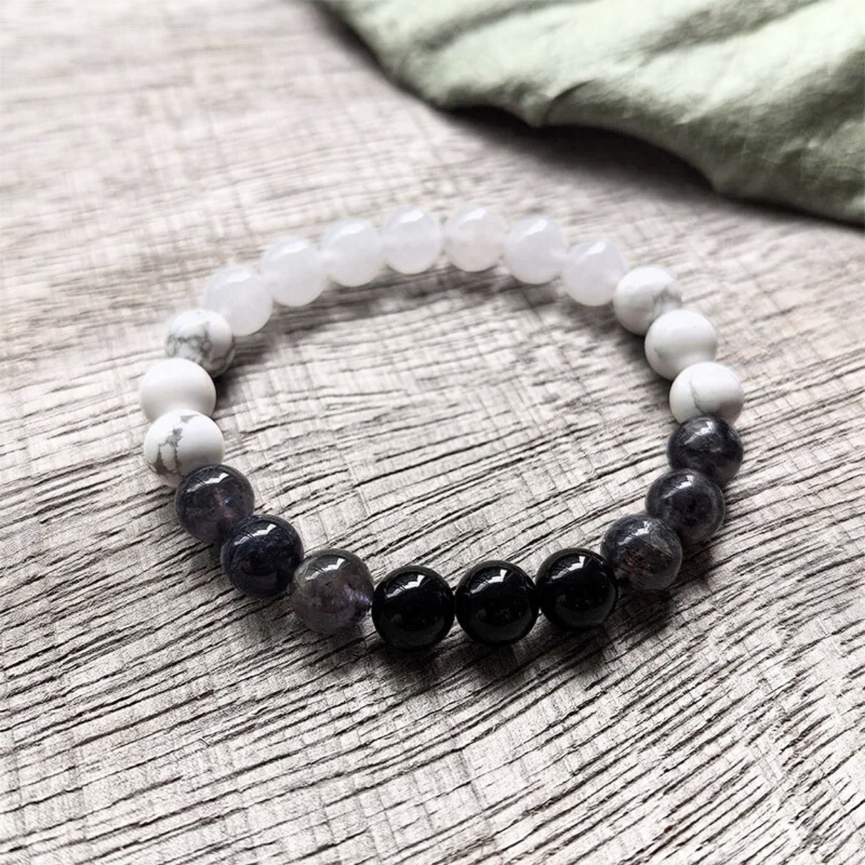 White Howlite, Lolite, Black Onyx & White Quartz Mala Bead Necklace - Mental Clarity & Emotional Stability