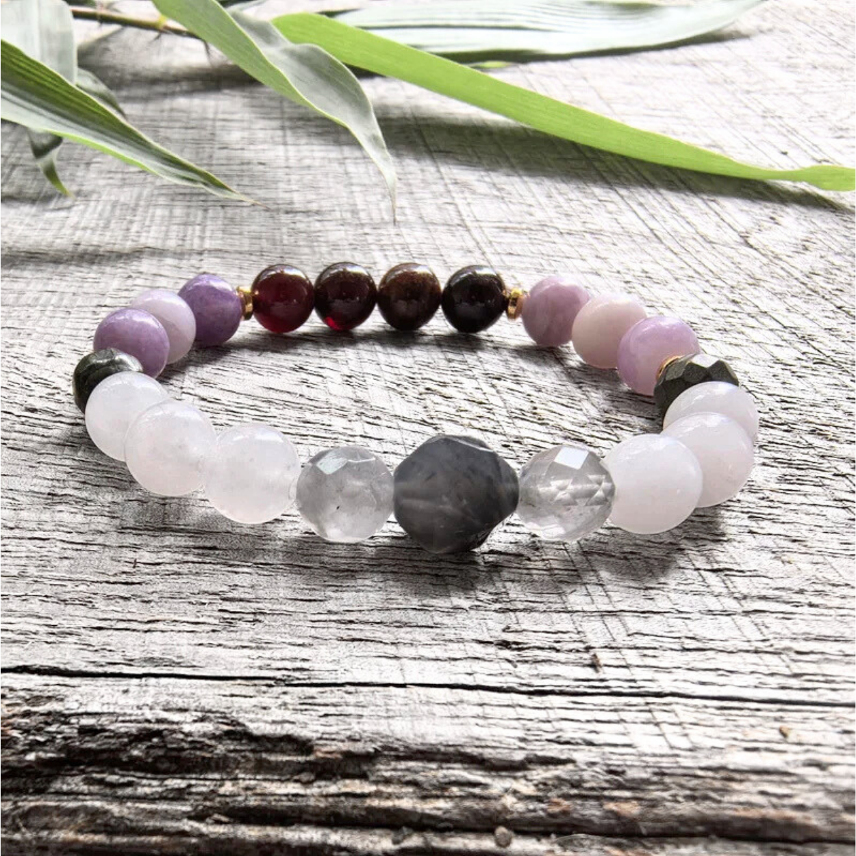 Lepidolite, Pyrite, Gray Crystal and Orange Garnet Mala Bead Bracelet- Emotional Strength & Motivation