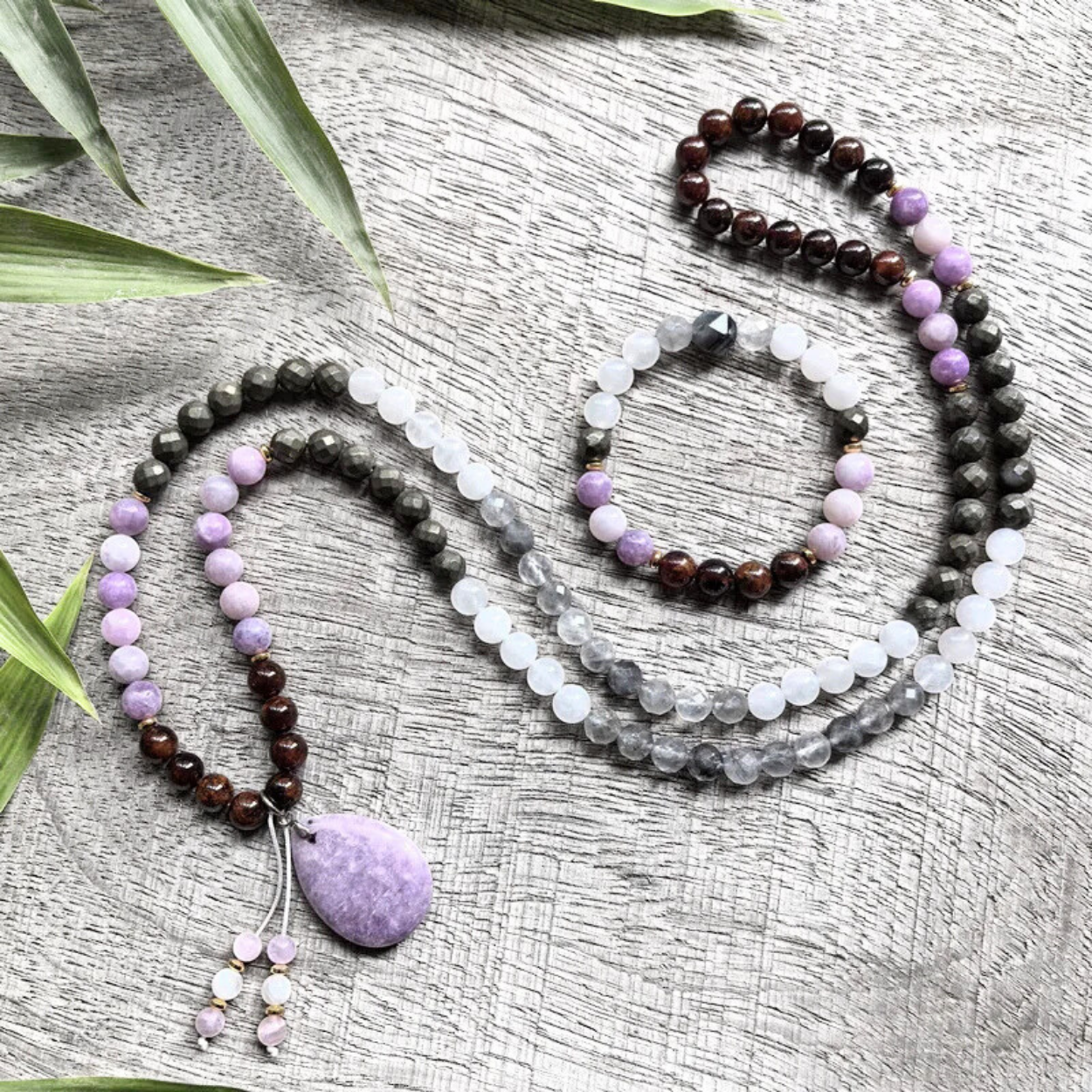 Lepidolite, Pyrite, Gray Crystal and Orange Garnet Mala Bead Necklace - Emotional Strength & Motivation