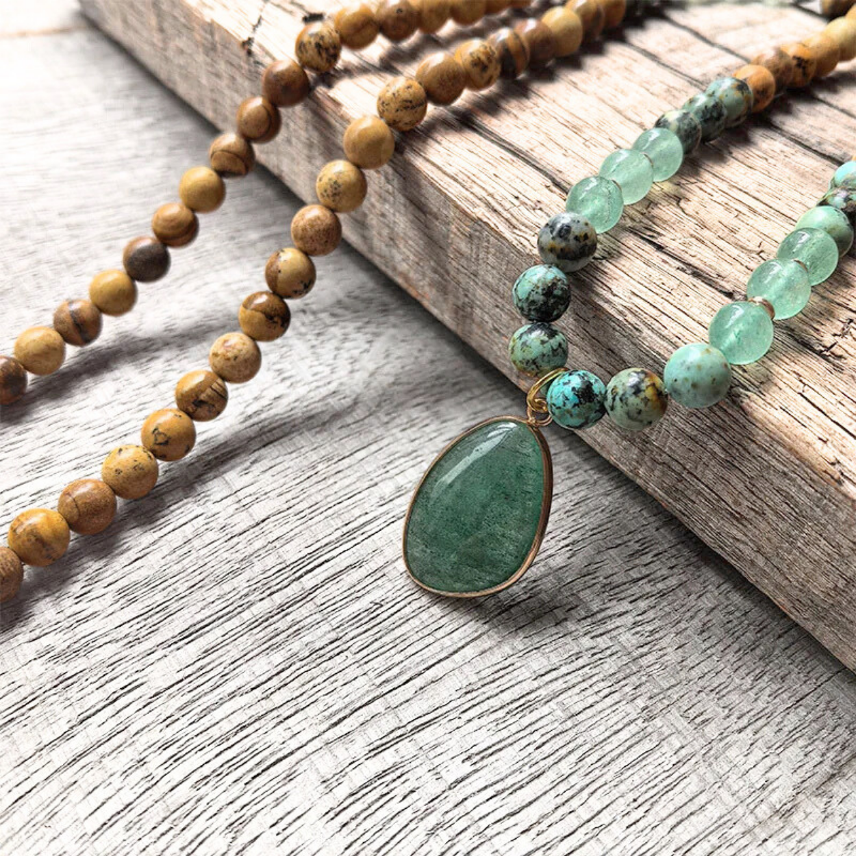 African Turquoise, Green Aventurine, Green Strawberry Quartz and Picture Jasper Mala Bead Necklace - Heart Healing & Emotional Balance