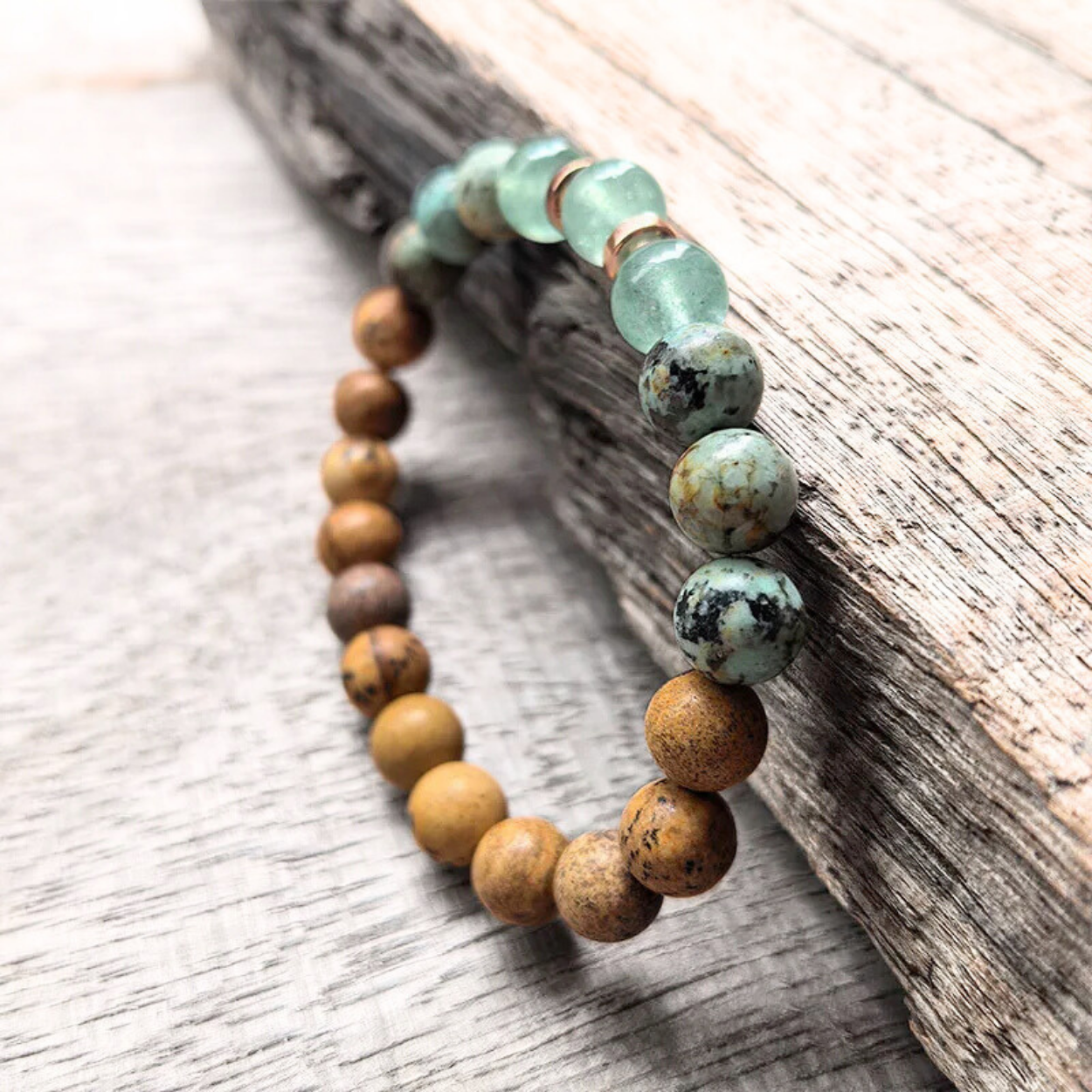 African Turquoise, Green Aventurine and Picture Jasper Mala Bead Bracelet- Heart Healing & Emotional Balance