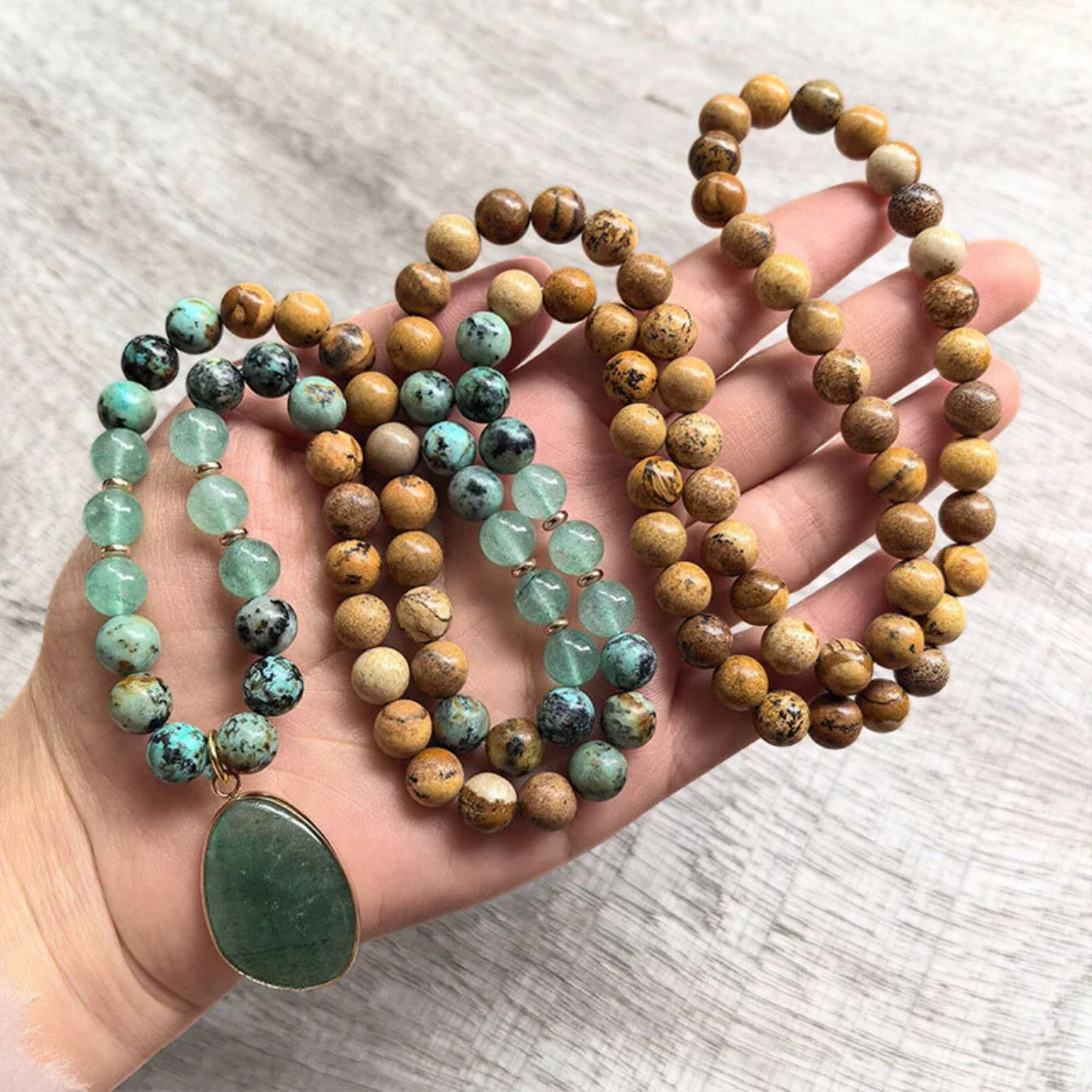 African Turquoise, Green Aventurine, Green Strawberry Quartz and Picture Jasper Mala Bead Necklace - Heart Healing & Emotional Balance
