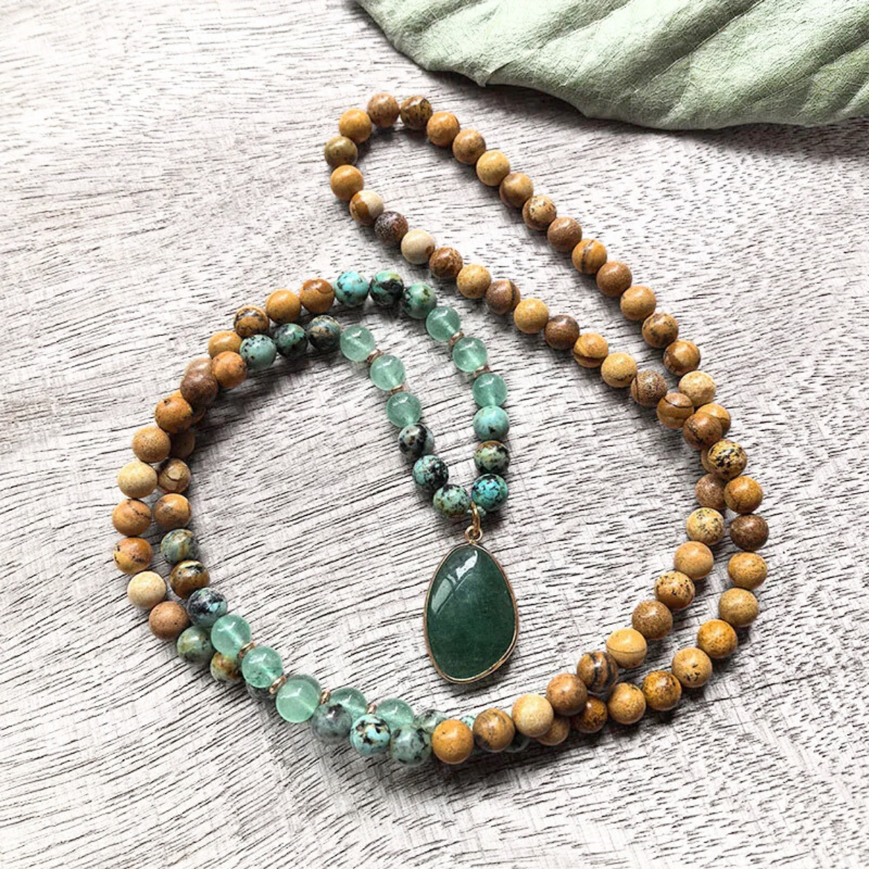 African Turquoise, Green Aventurine, Green Strawberry Quartz and Picture Jasper Mala Bead Necklace - Heart Healing & Emotional Balance