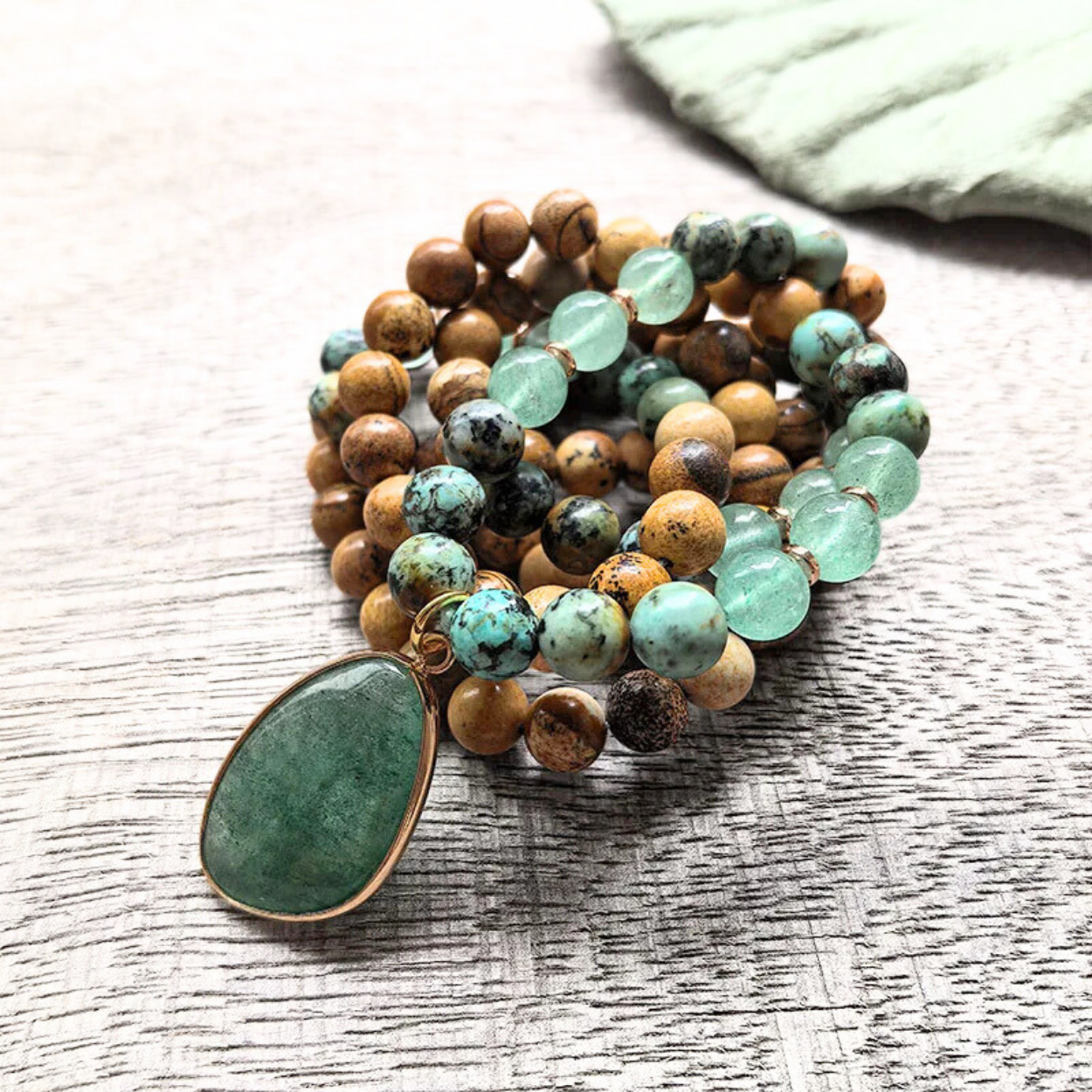 African Turquoise, Green Aventurine, Green Strawberry Quartz and Picture Jasper Mala Bead Necklace - Heart Healing & Emotional Balance