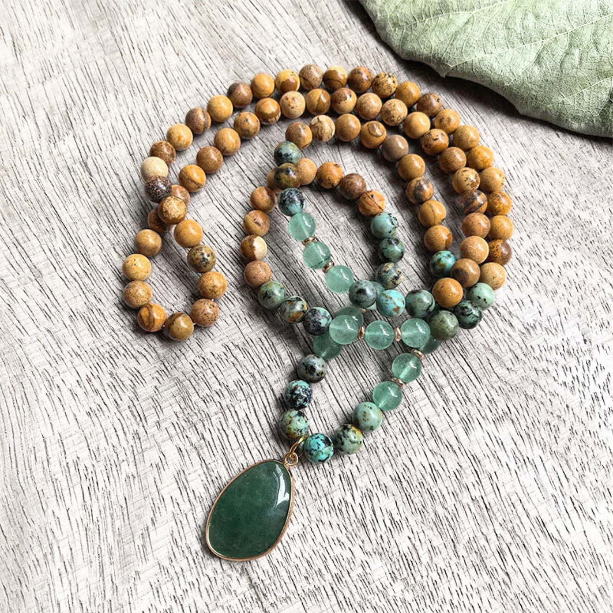 African Turquoise, Green Aventurine, Green Strawberry Quartz and Picture Jasper Mala Bead Necklace - Heart Healing & Emotional Balance