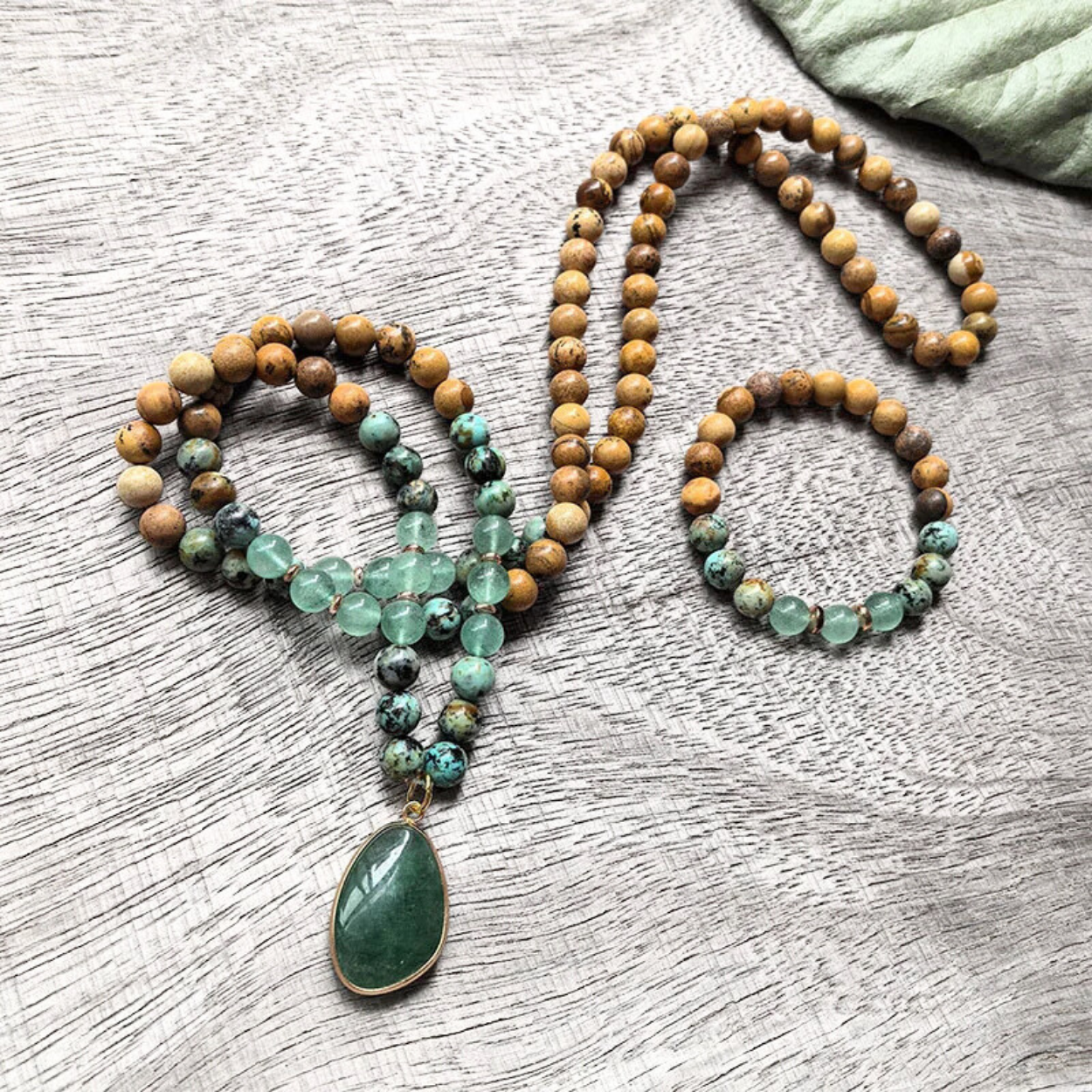 African Turquoise, Green Aventurine, Green Strawberry Quartz and Picture Jasper Mala Bead Necklace - Heart Healing & Emotional Balance
